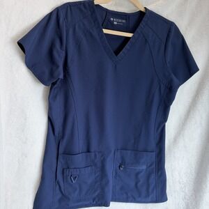 Med Couture Womens Scrub Top Size MediumBlue Short Sleeve Pockets Medical V Neck